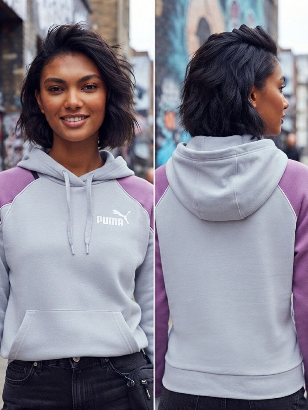 Puma Sport Comfort Hoodie Grey Purple Colorblock Pullover Small